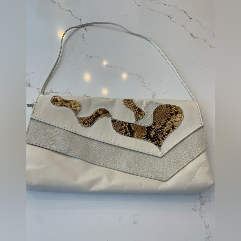 Vintage 80’s Woman’s White Genuine Leather Reptile Embossed Handbag 15” x 9”